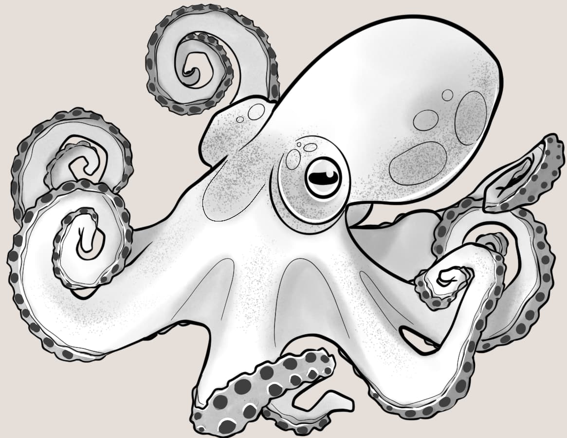 greyscale art of a moving octopus